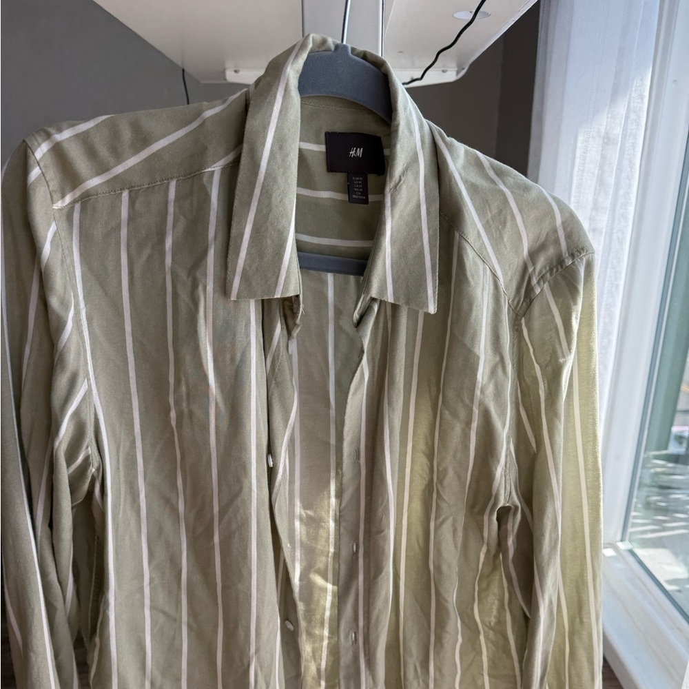 H&M Olive and White Striped button down shirt